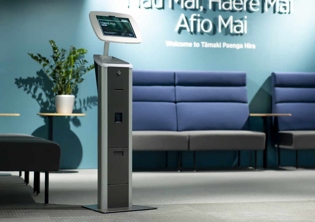 Sentinel kiosk welcoming visitors at a site entrance