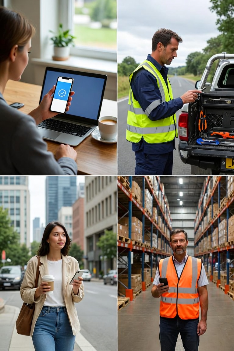 Four people signing in from wherever they work — at home, in the field, in the city and in the warehouse
