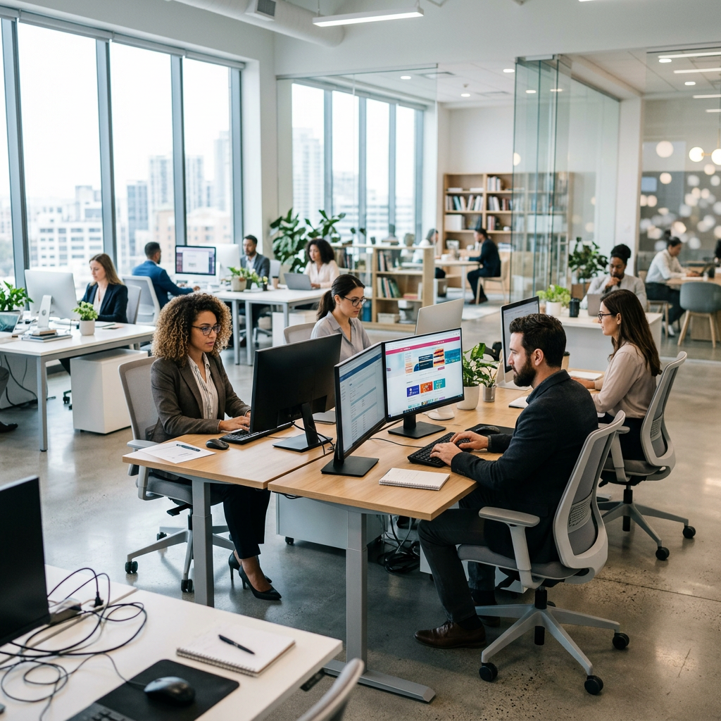 Staff working at their PCs in an open-plan office